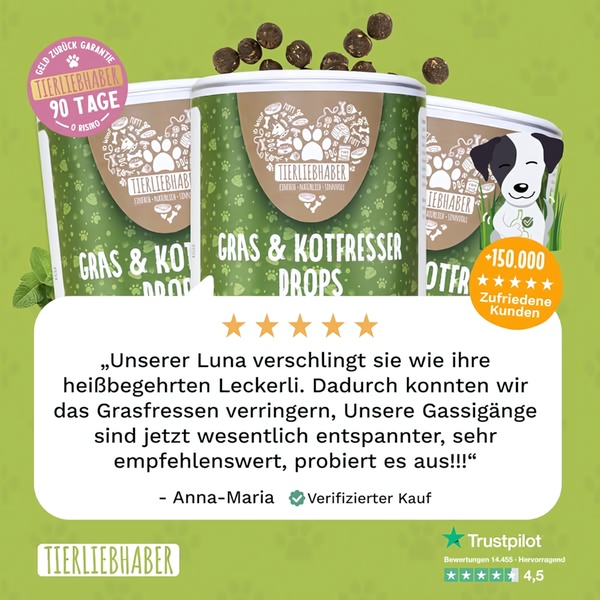 A 1:1 square testimonial ad for dog grass eating control drops featuring high-star reviews and brand trust badges.